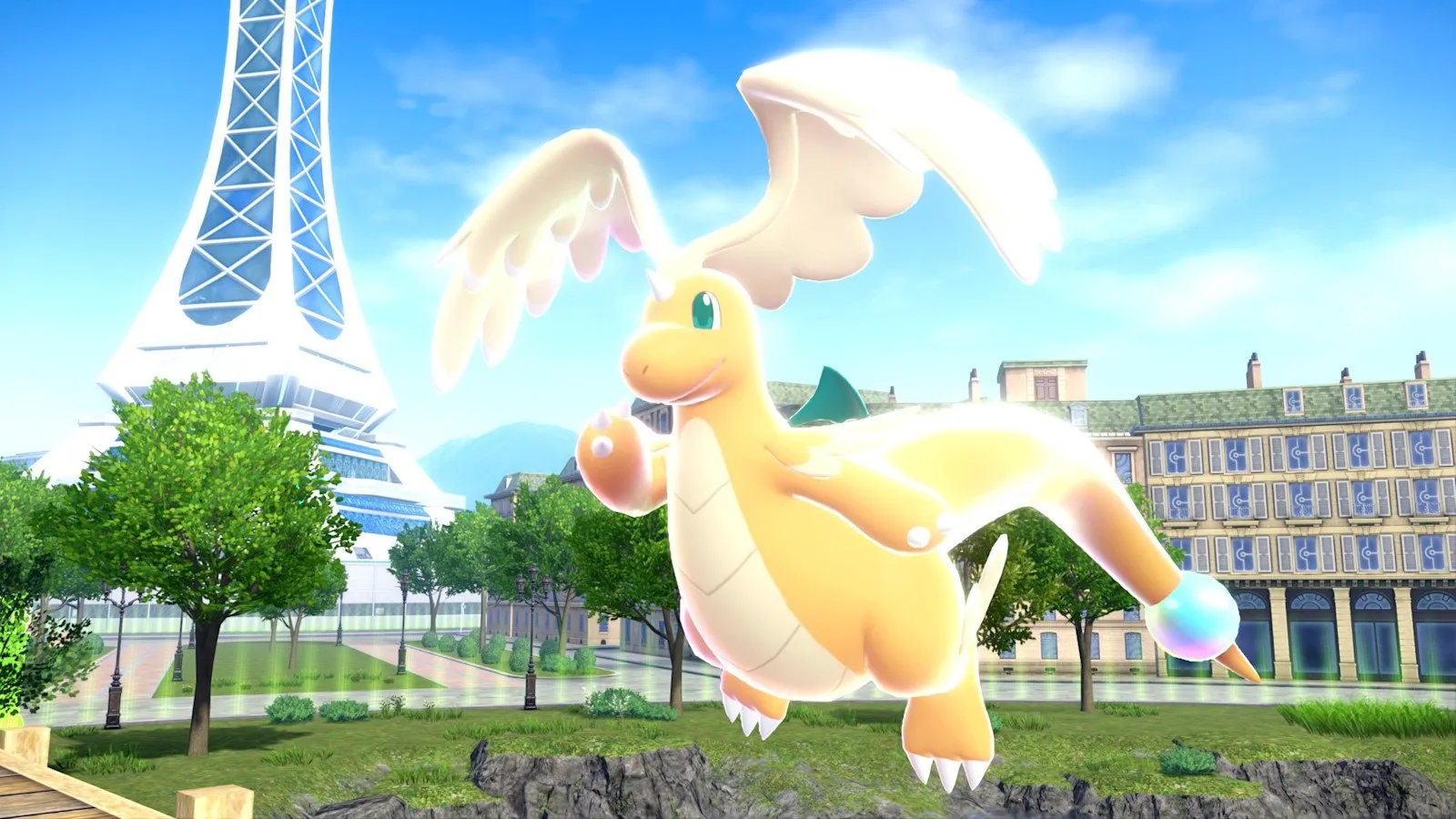 Un Dragonite junto a la torre de Luminalia en Leyendas Pokémon: Z-A