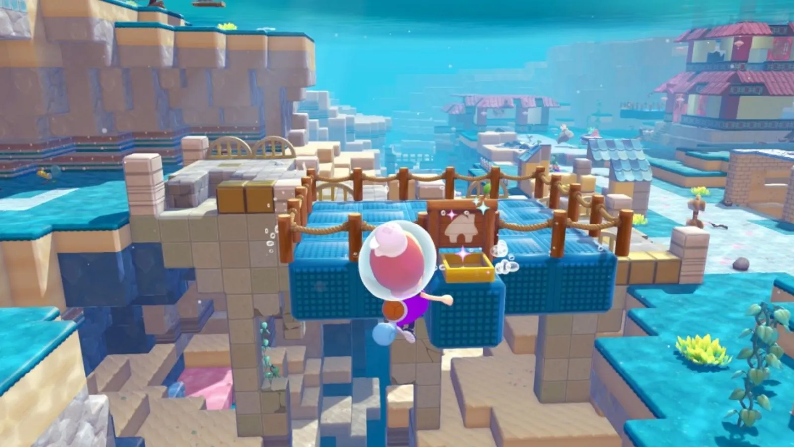 Un pueblo costero con muelles de madera en Pokémon Pokopia