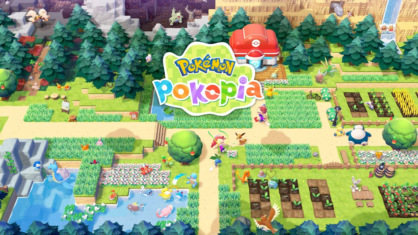 Vista general de una aldea con huertos y Pokémon en Pokémon Pokopia