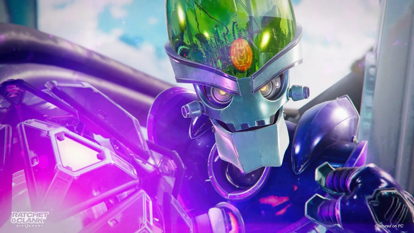 El Doctor Nefarius con armadura morada y cabeza verde sonríe en primer plano en Ratchet & Clank: Una dimensión aparte