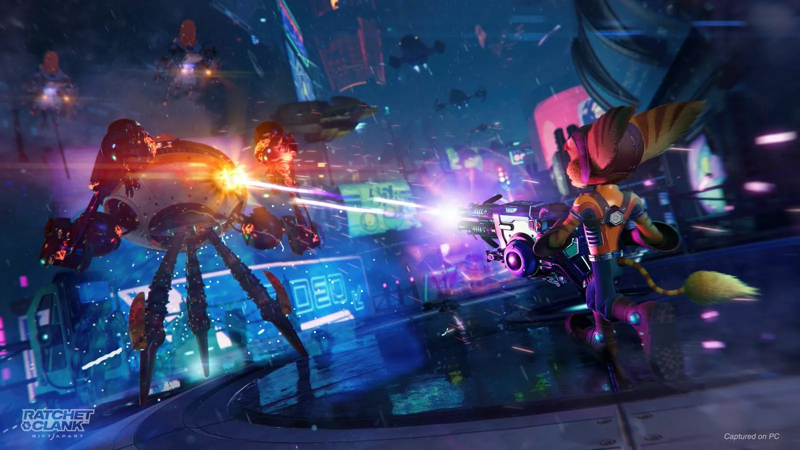 Rivet dispara entre naves y robots en una ciudad de neones en Ratchet & Clank: Una dimensión aparte
