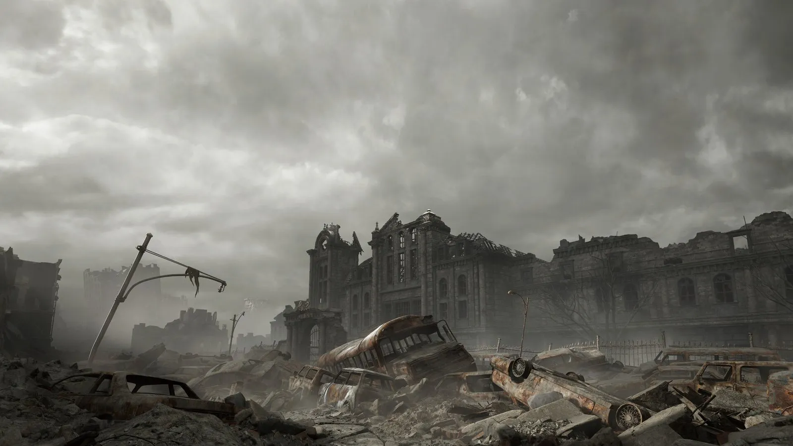 Las ruinas de Raccoon City bajo un cielo gris, con coches destrozados y edificios derruidos en Resident Evil Requiem