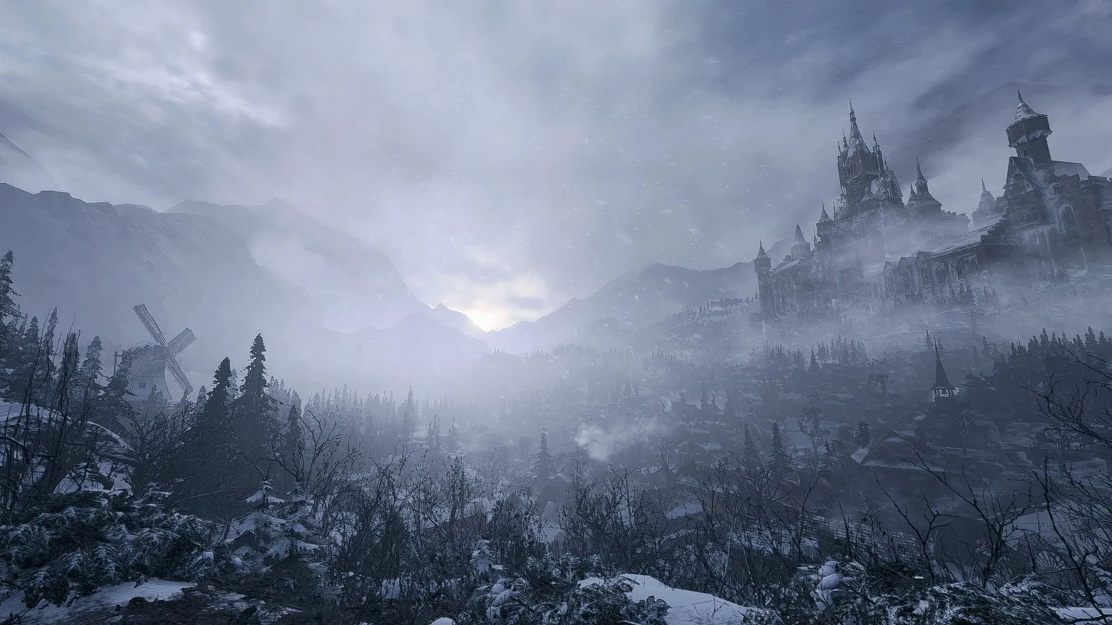 El castillo Dimitrescu se alza sobre una aldea nevada bajo un cielo plomizo en Resident Evil Village