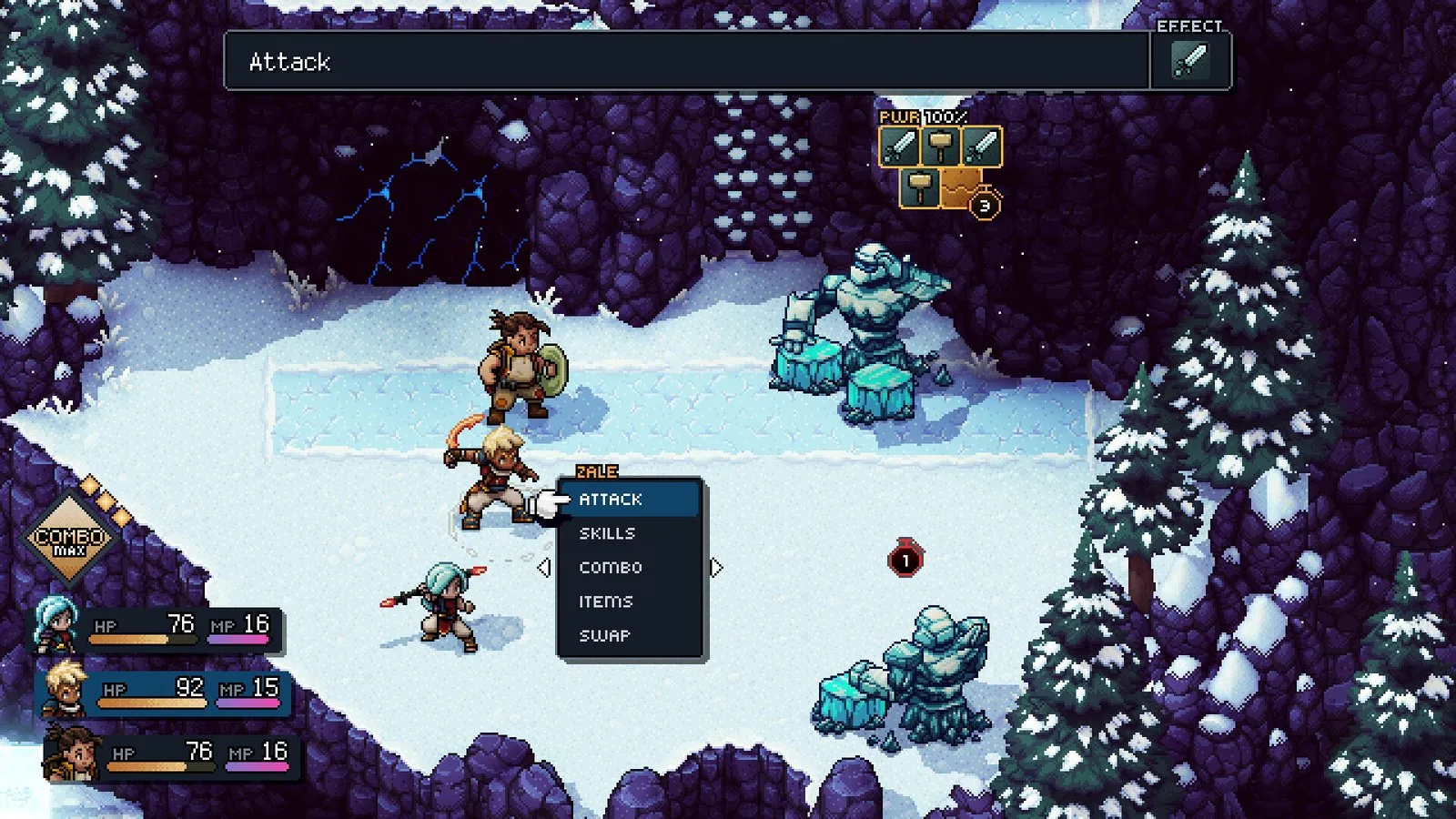 Zale y Valere combaten en un paisaje nevado en Sea of Stars
