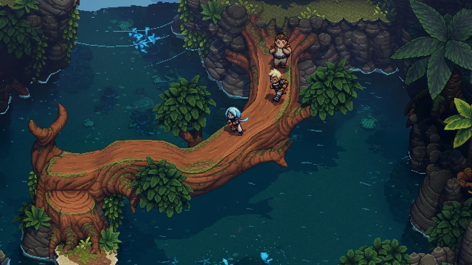 Los protagonistas cruzan un bosque junto a un río en Sea of Stars