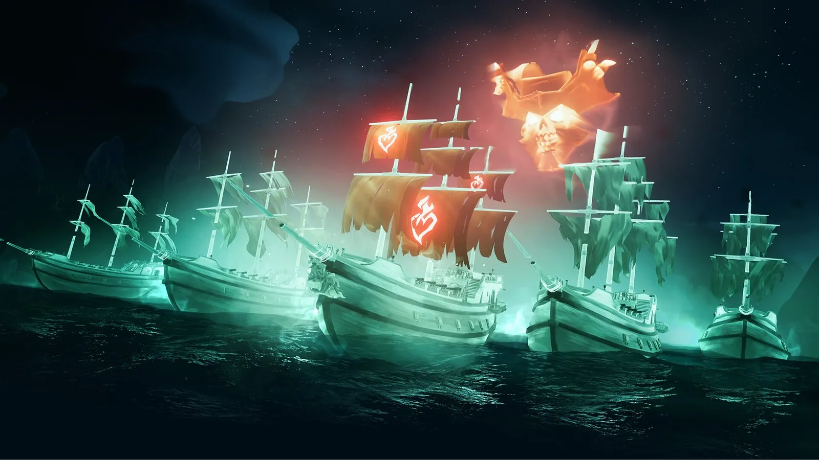 Una flota de barcos fantasma con velas verdes bajo un cielo tormentoso en Sea of Thieves