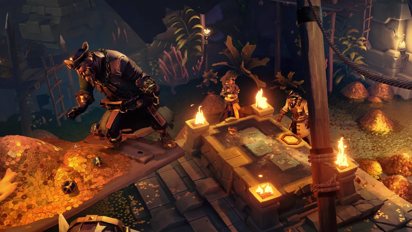 Un pirata examina un mapa en una bóveda llena de tesoros en Sea of Thieves