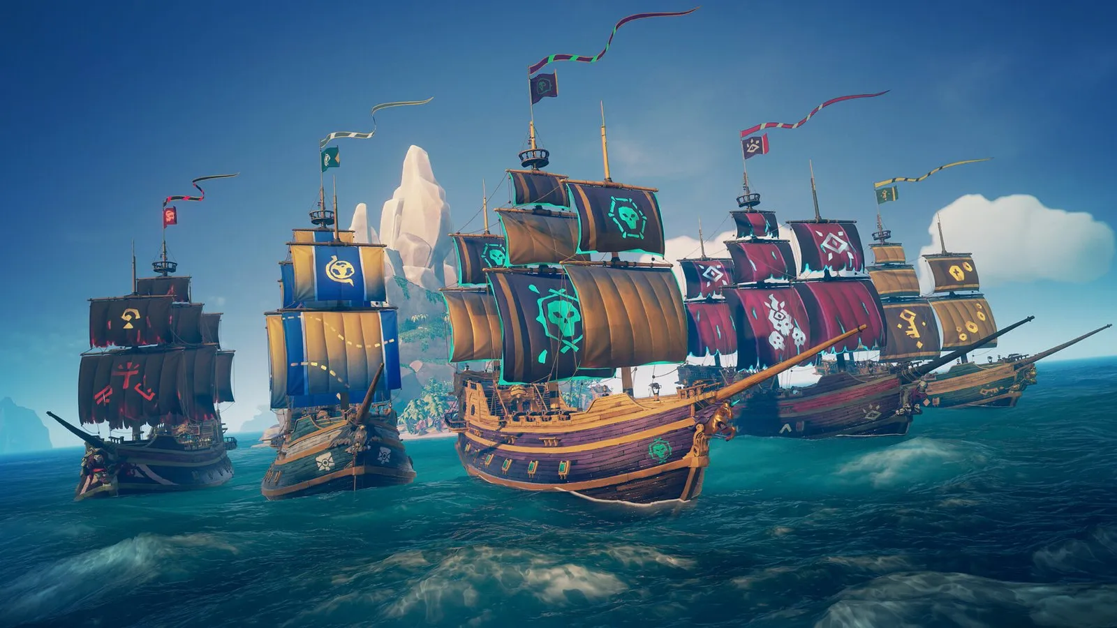 Tres galeones piratas navegan en formación bajo un cielo azul en Sea of Thieves