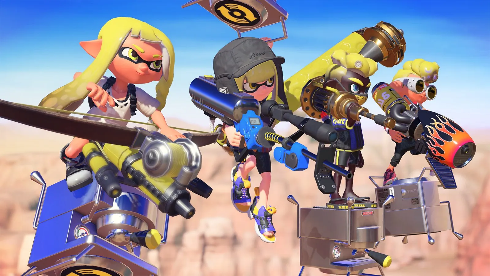 Varios Inklings y Octolings posan con sus armas en Splatoon 3