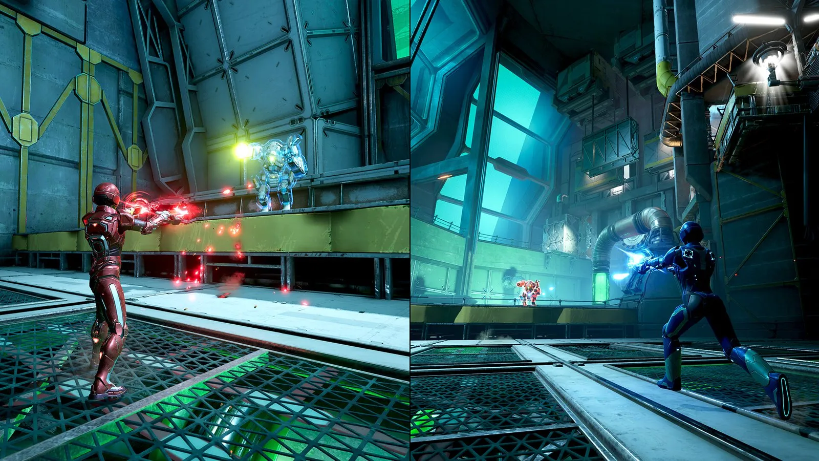 Mio y Zoe combaten en una base cyberpunk con luces rojas y azules en Split Fiction