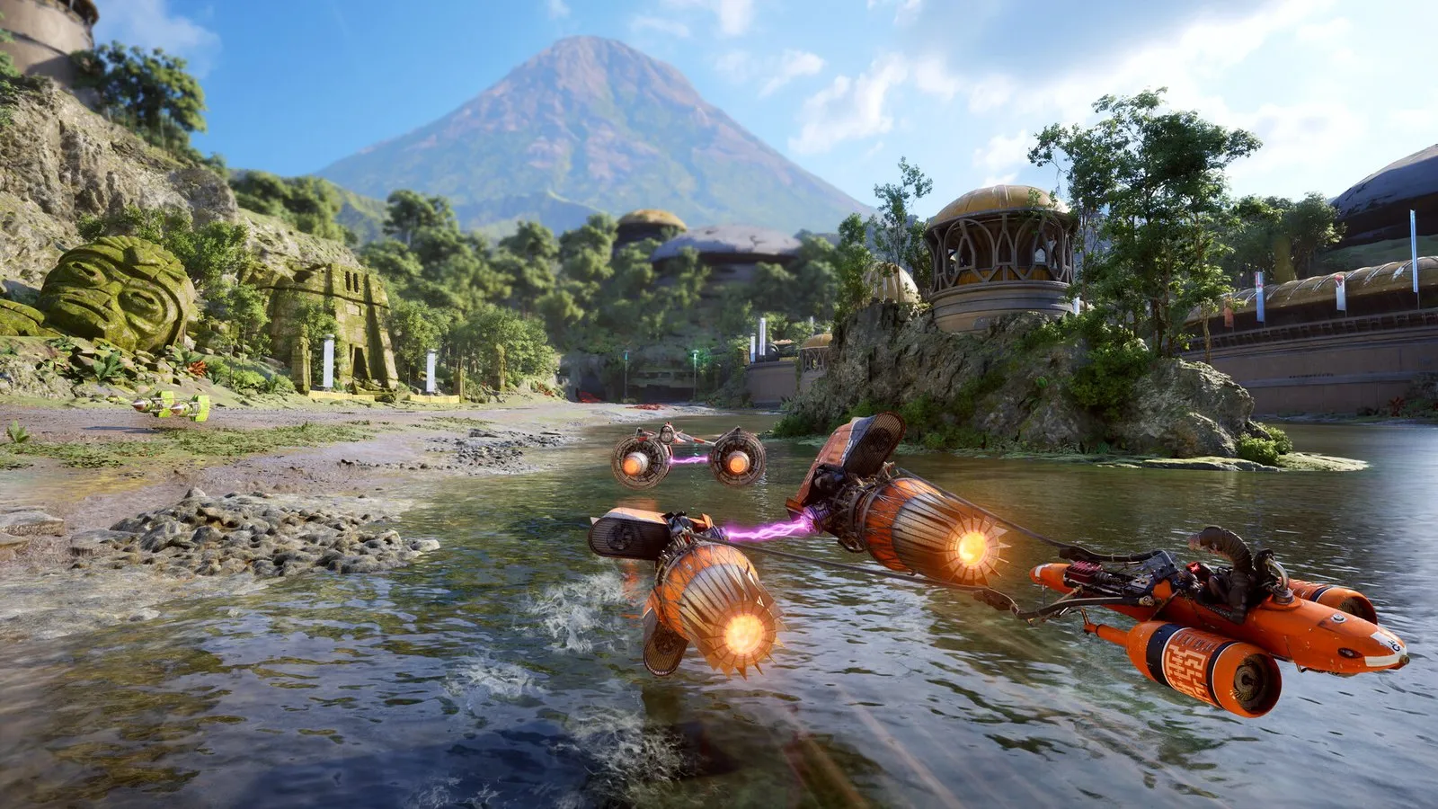 Varias vainas de carreras compiten junto a un lago en un planeta selvático en STAR WARS: Galactic Racer