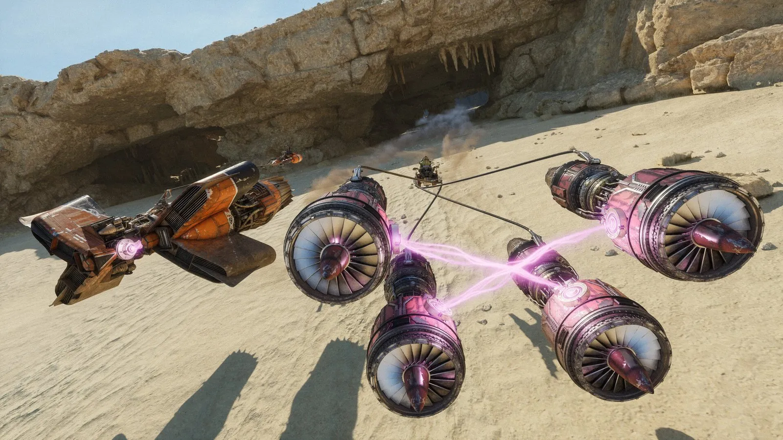 Una vaina de carreras con dos motores atraviesa un desierto en STAR WARS: Galactic Racer