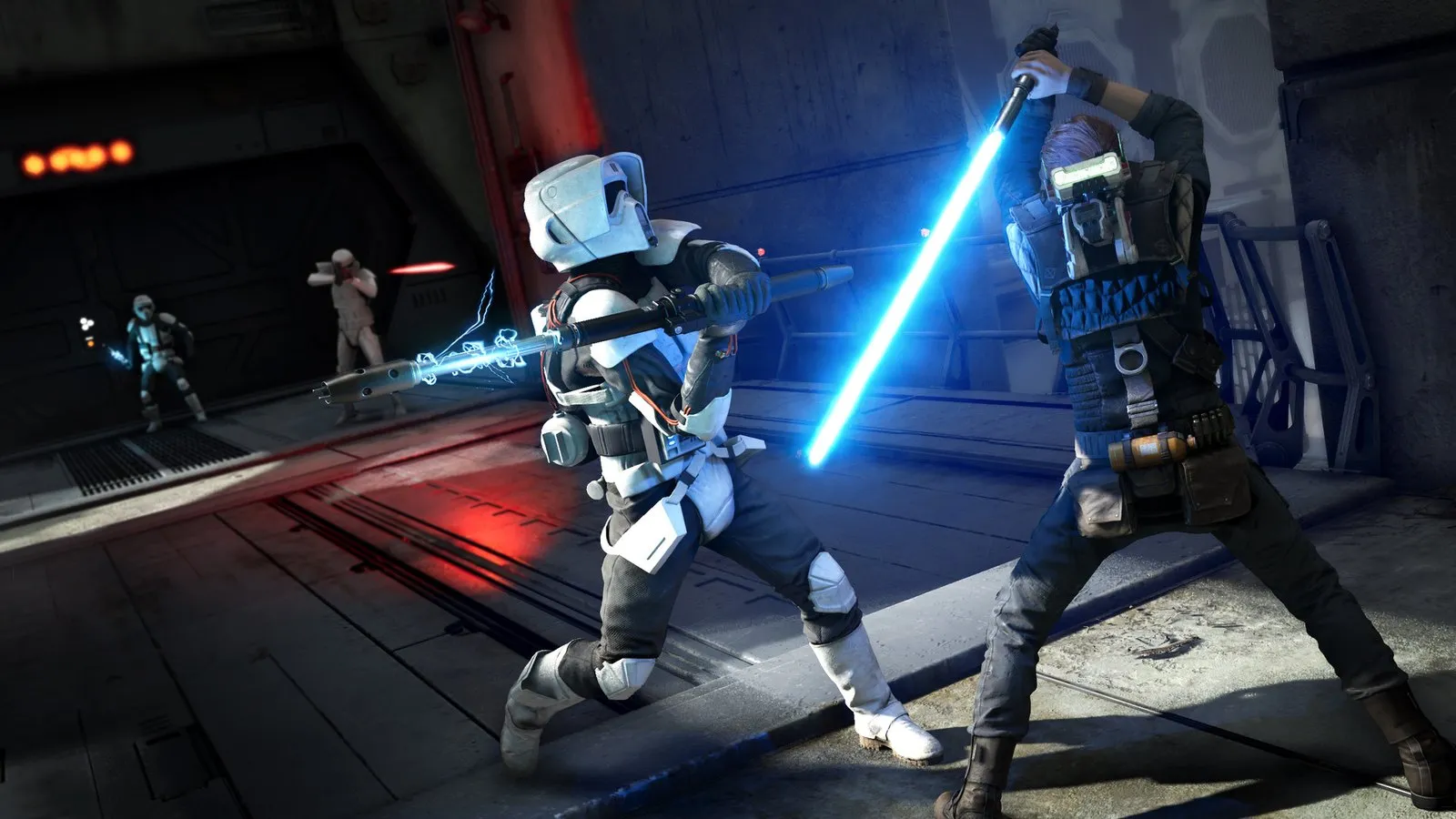 Cal bloquea con el sable los disparos de un soldado de asalto blanco en una nave imperial en Star Wars Jedi: Fallen Order