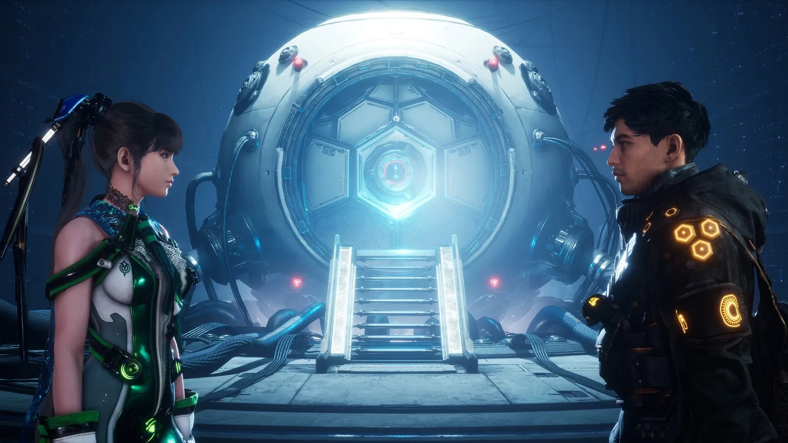 Eve y Adam frente a una gran puerta circular iluminada en Stellar Blade