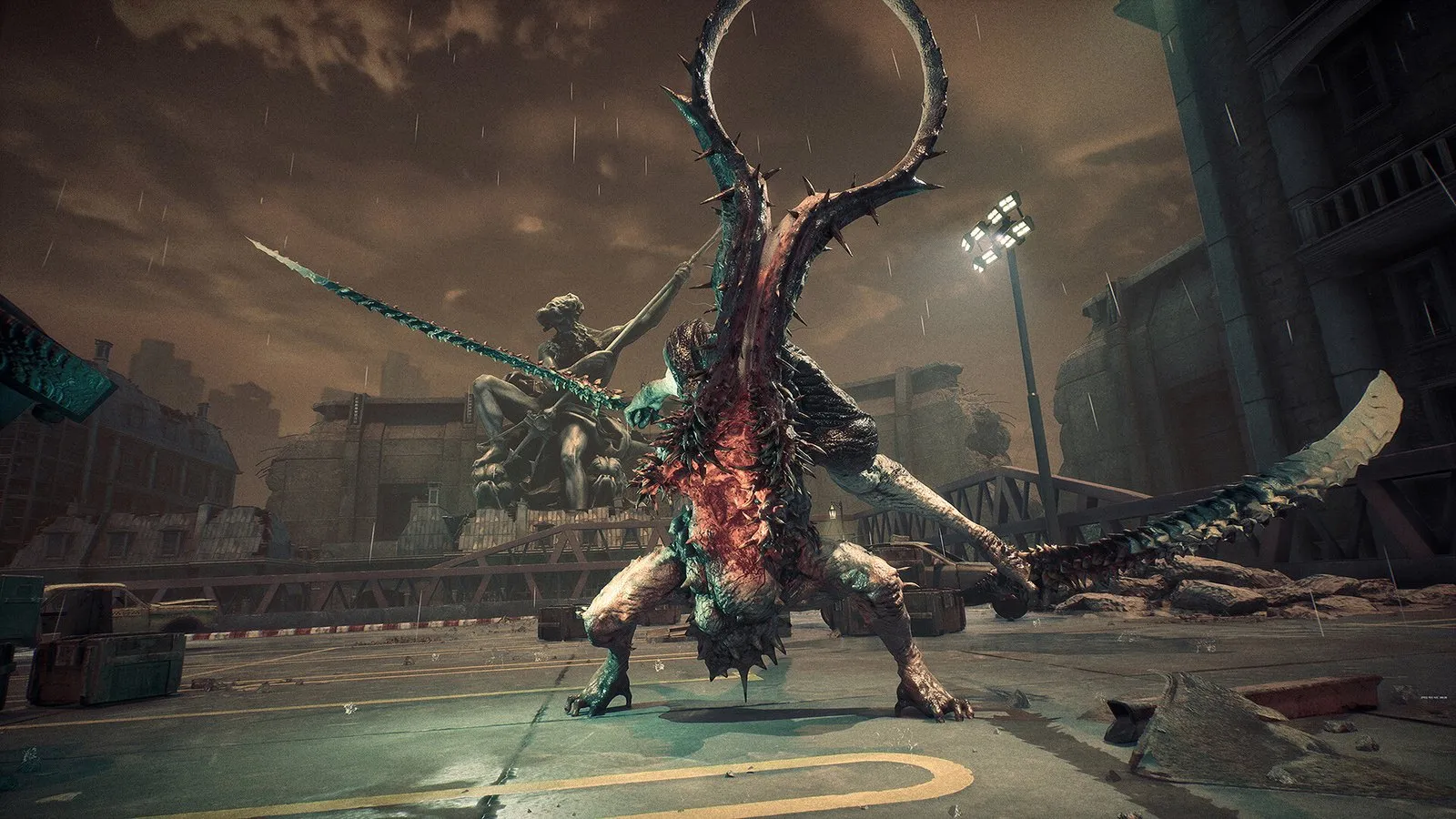 Eve se enfrenta a un Naytiba gigante con cuernos en una ciudad en ruinas en Stellar Blade