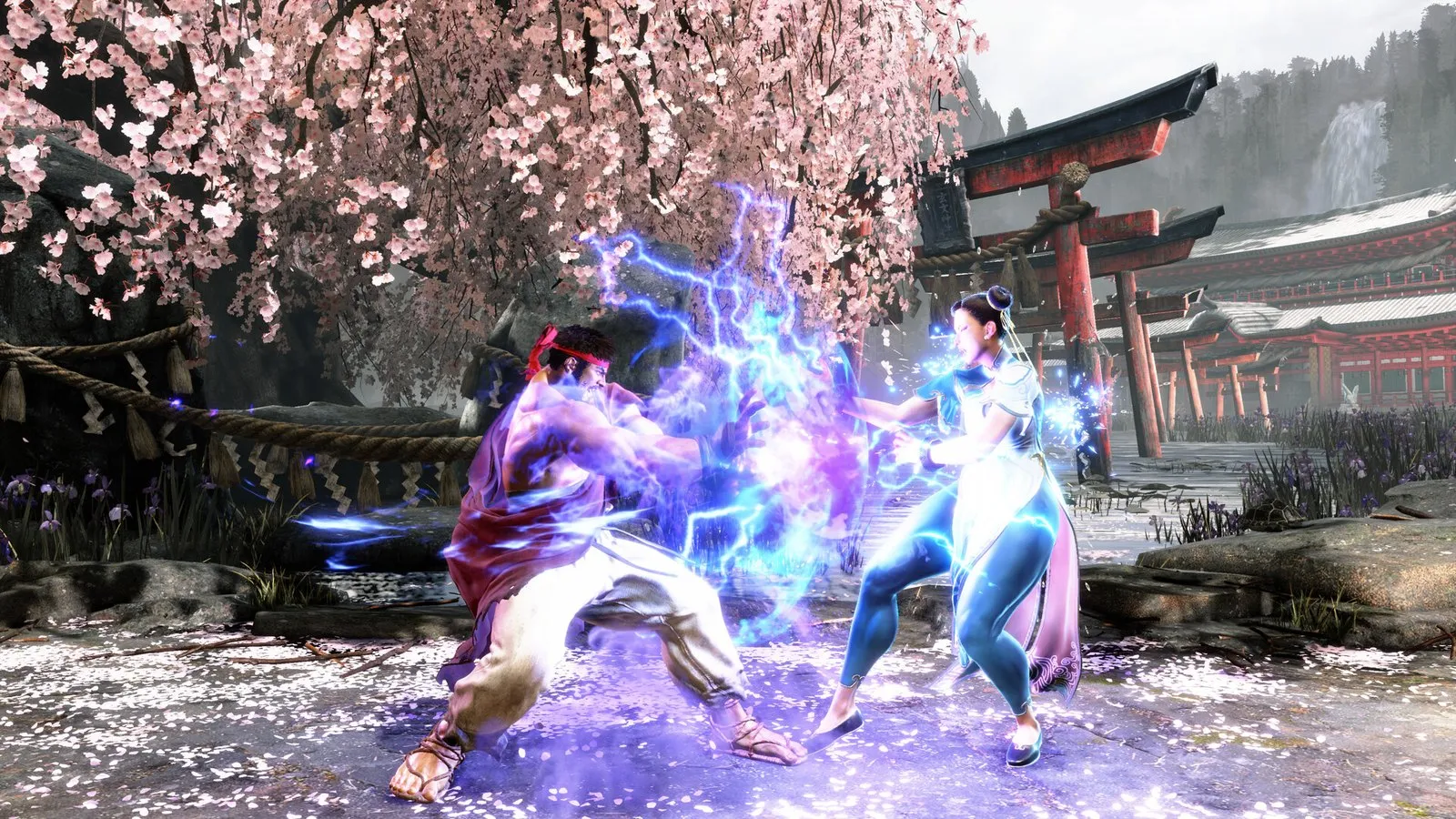 Ryu y Chun-Li combaten bajo cerezos en flor en Street Fighter 6