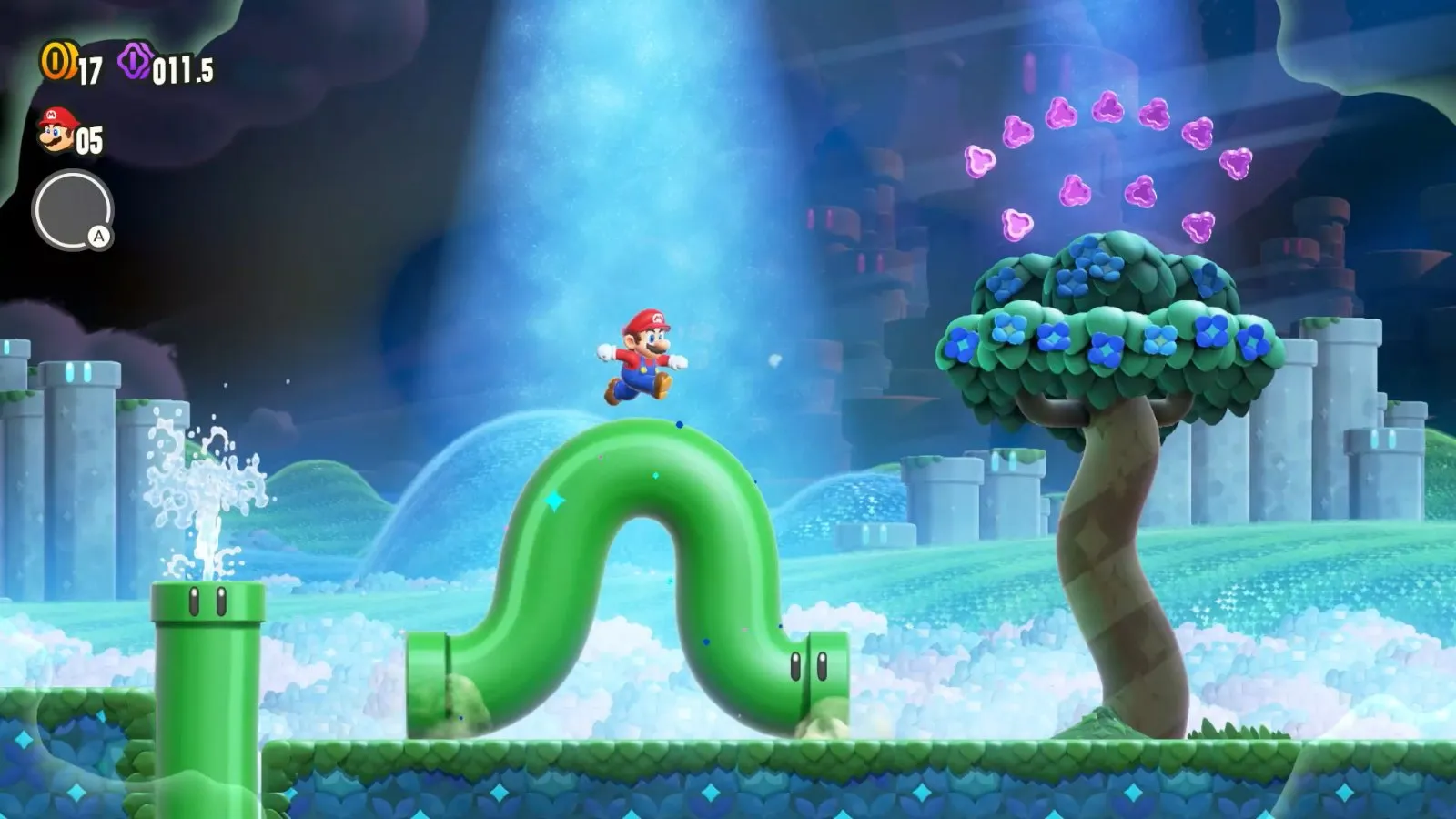 Mario frente a una tubería que se retuerce en Super Mario Bros. Wonder