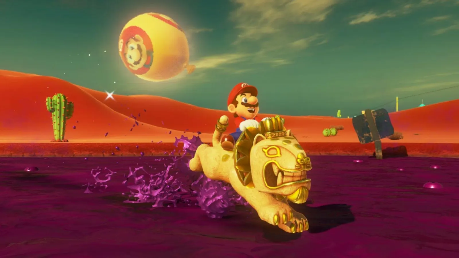 Mario monta a Jaxi por el desierto en Super Mario Odyssey