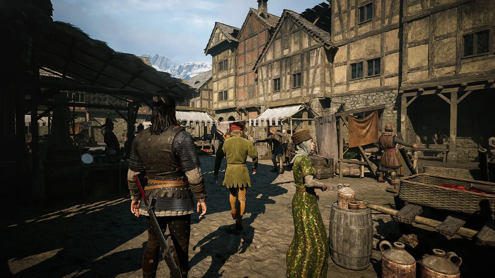 Coen camina por una calle de Vale Sangora llena de vecinos y casas de madera en The Blood of Dawnwalker