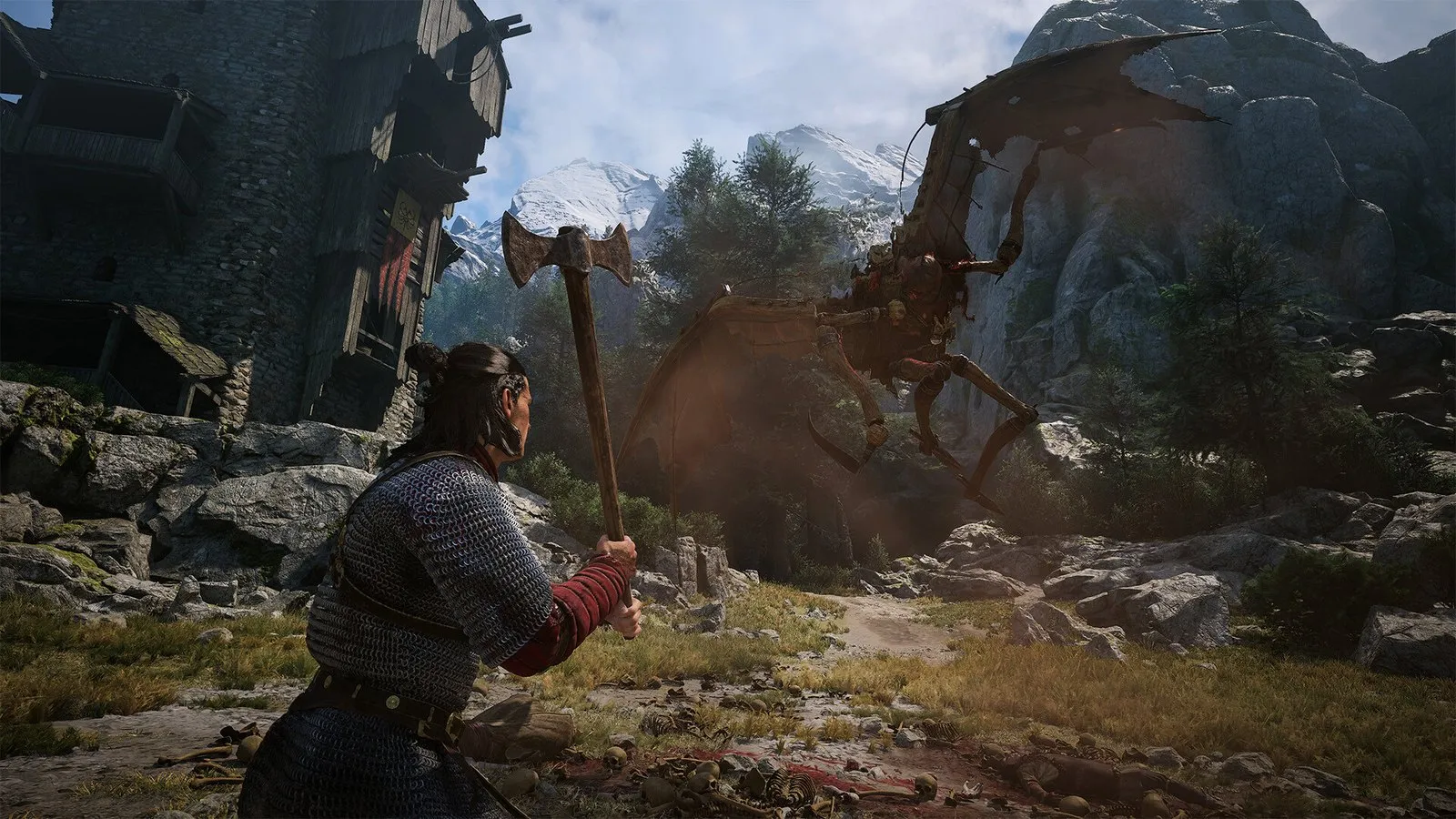 Coen combate con un hacha a un enemigo entre ruinas en The Blood of Dawnwalker
