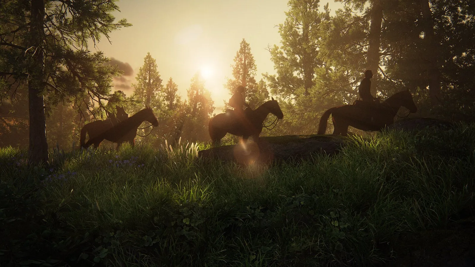 Joel y Ellie cabalgan al atardecer por un bosque de Wyoming en The Last of Us Parte I