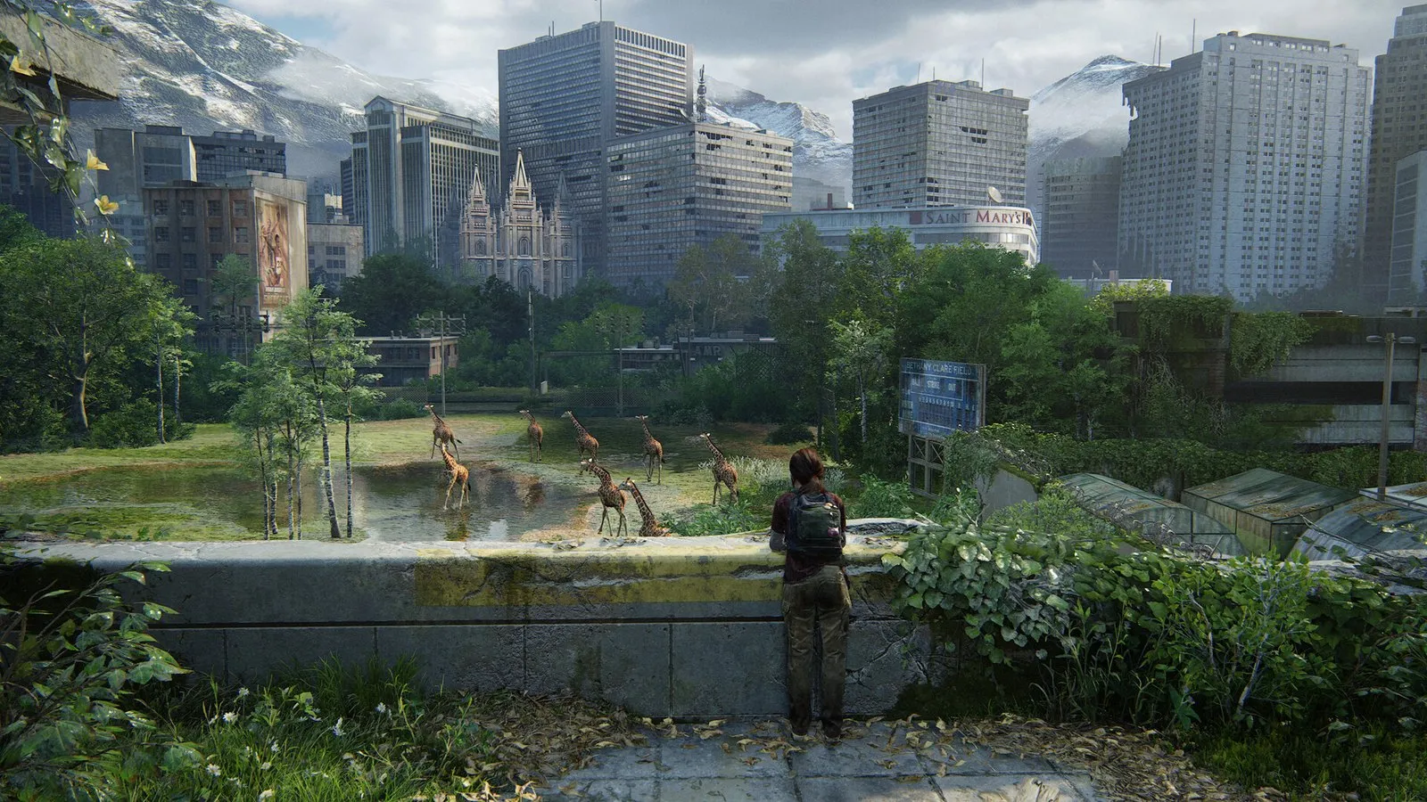 Ellie observa unas jirafas entre rascacielos derruidos en Salt Lake City en The Last of Us Parte I