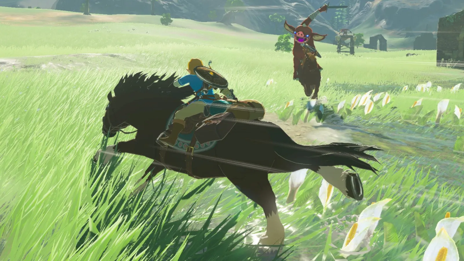 Link galopa a caballo por una pradera en The Legend of Zelda: Breath of the Wild