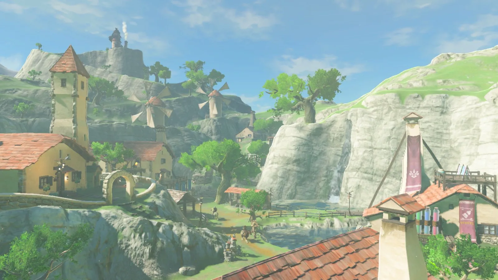 La aldea de Hatelia con sus casas de madera en The Legend of Zelda: Breath of the Wild