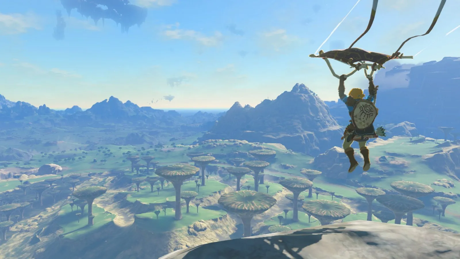 Link se lanza en paravela sobre Hyrule en The Legend of Zelda: Tears of the Kingdom