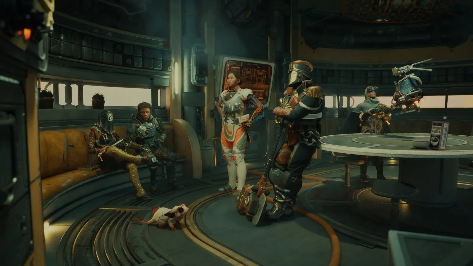 Los compañeros de tripulación se reúnen en el interior de la nave en The Outer Worlds 2