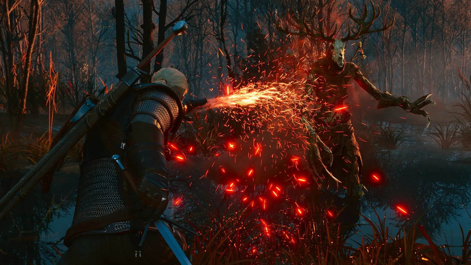 Geralt lanza Igni contra un leshen entre chispas rojas en un bosque en The Witcher 3: Wild Hunt