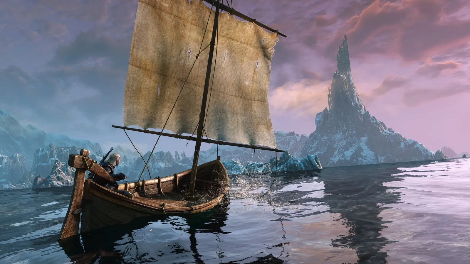 Geralt navega en una barca de vela por las aguas heladas de Skellige en The Witcher 3: Wild Hunt