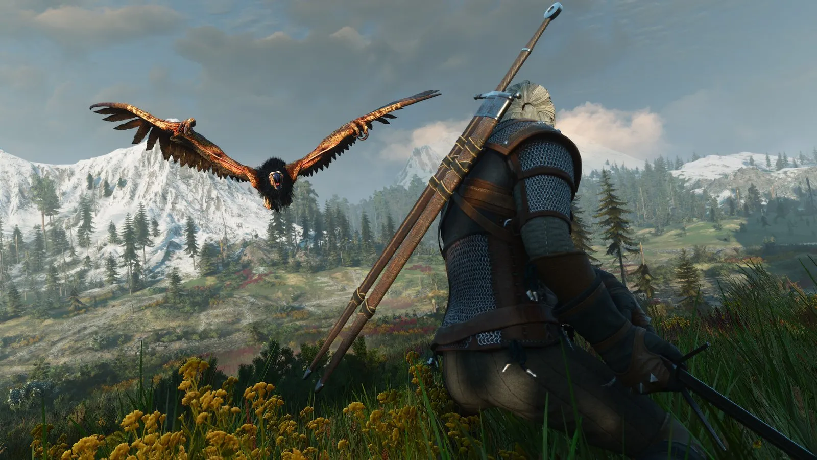 Geralt de Rivia contempla desde una pradera un águila que vuela sobre las montañas nevadas de Skellige en The Witcher 3: Wild Hunt