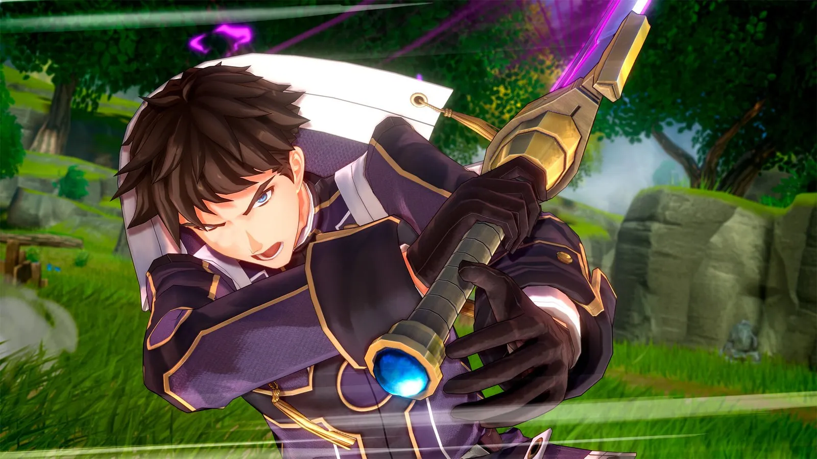 Joshua Bright ataca con su espada en un bosque en Trails in the Sky 2nd Chapter
