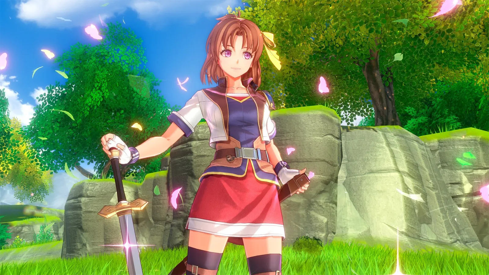 Estelle, bastón en mano, en posición de combate en un prado en Trails in the Sky 2nd Chapter