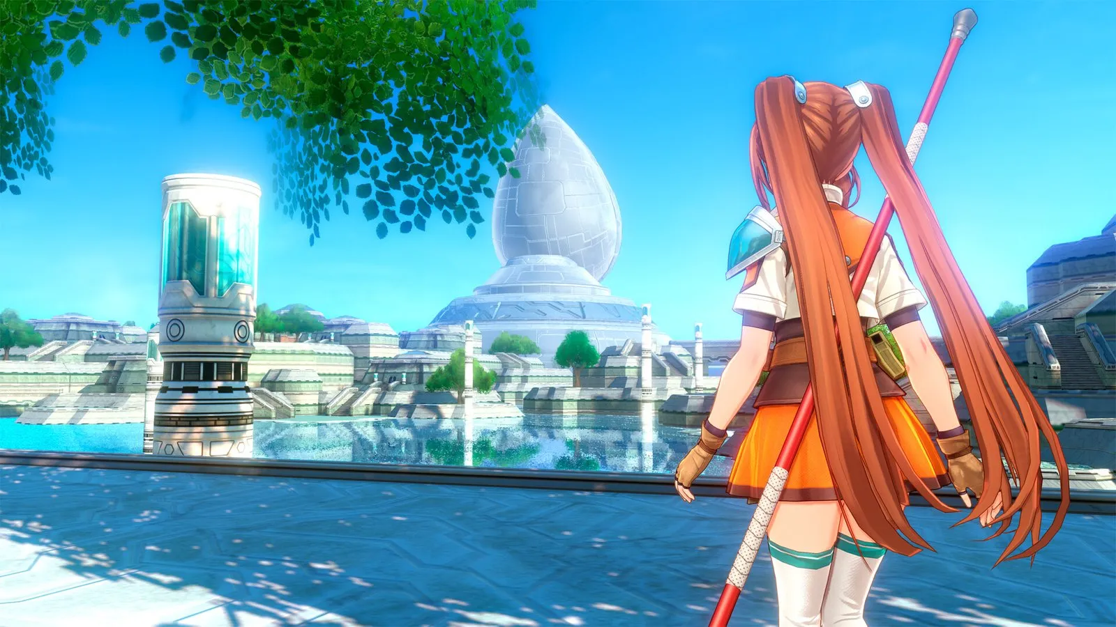 Estelle Bright contempla una ciudad con un lago y una gran torre en Trails in the Sky 2nd Chapter