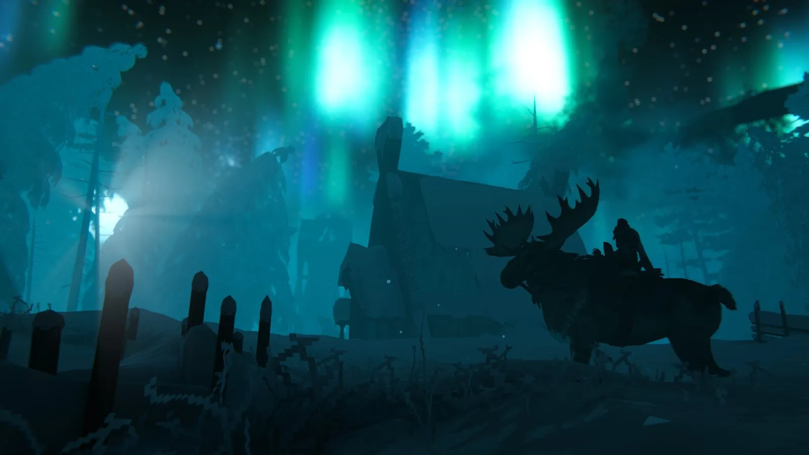 Un alce ante una casa de madera bajo una aurora boreal verde en Valheim