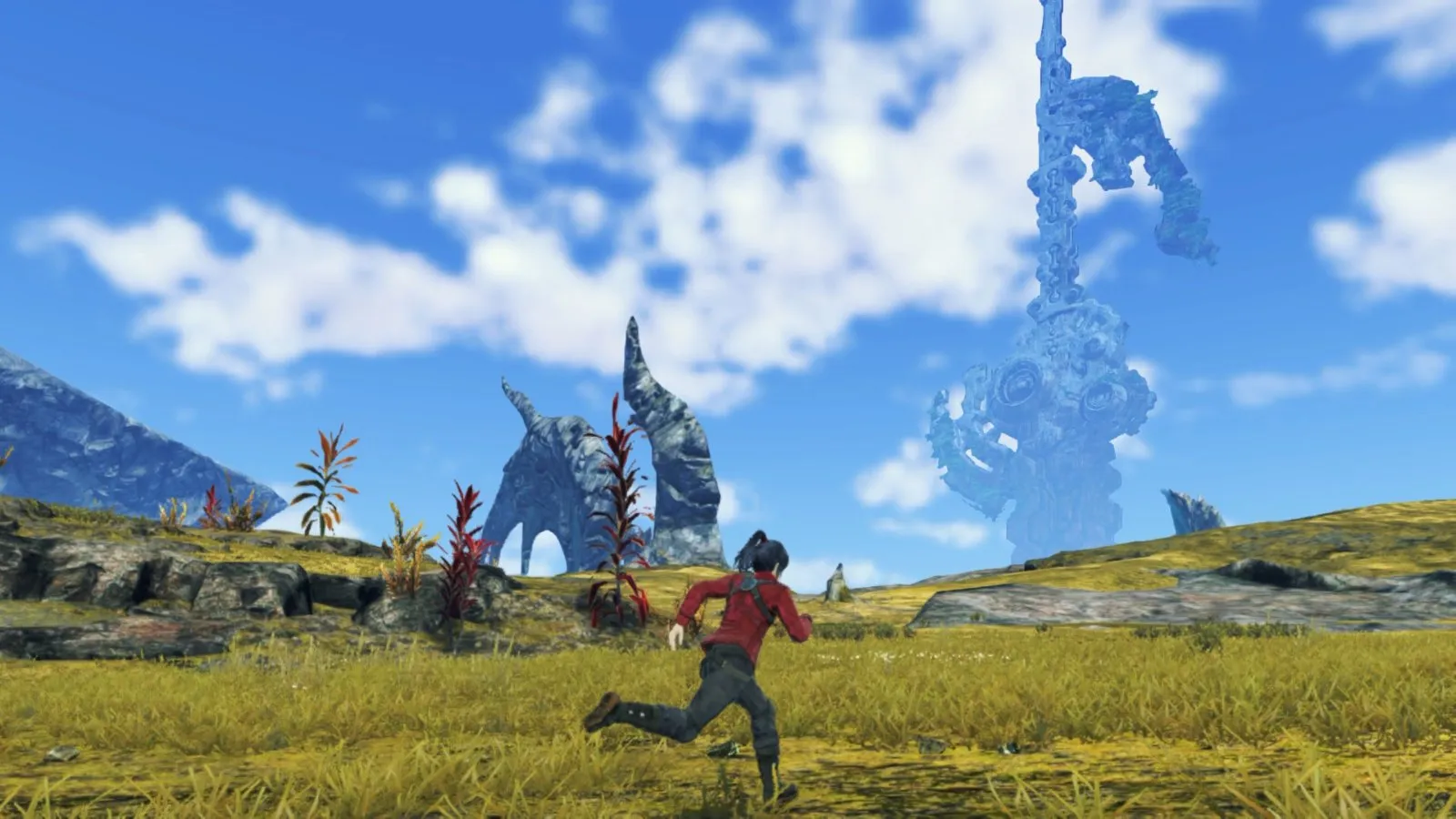 Noah corre por una pradera con una ciudad mecánica al fondo en Xenoblade Chronicles 3