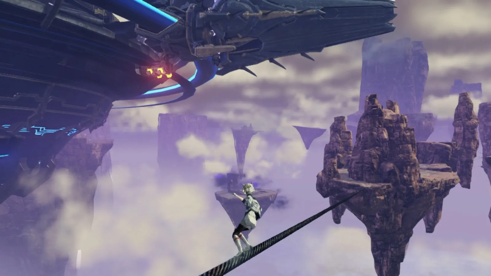 Una colonia flotante entre nubes moradas en Xenoblade Chronicles 3