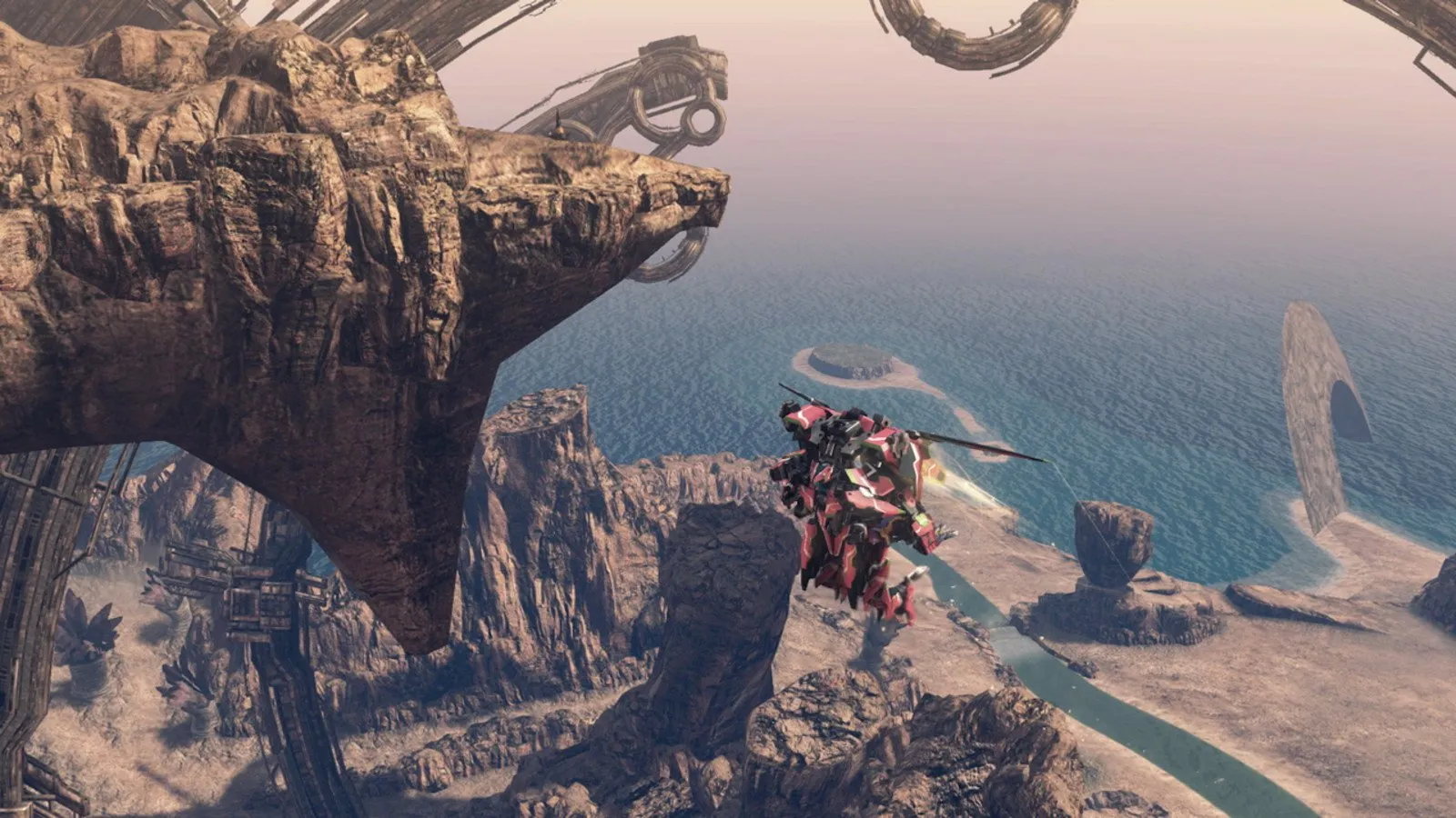 Un gran acantilado con un skell sobrevolándolo en Xenoblade Chronicles X: Definitive Edition