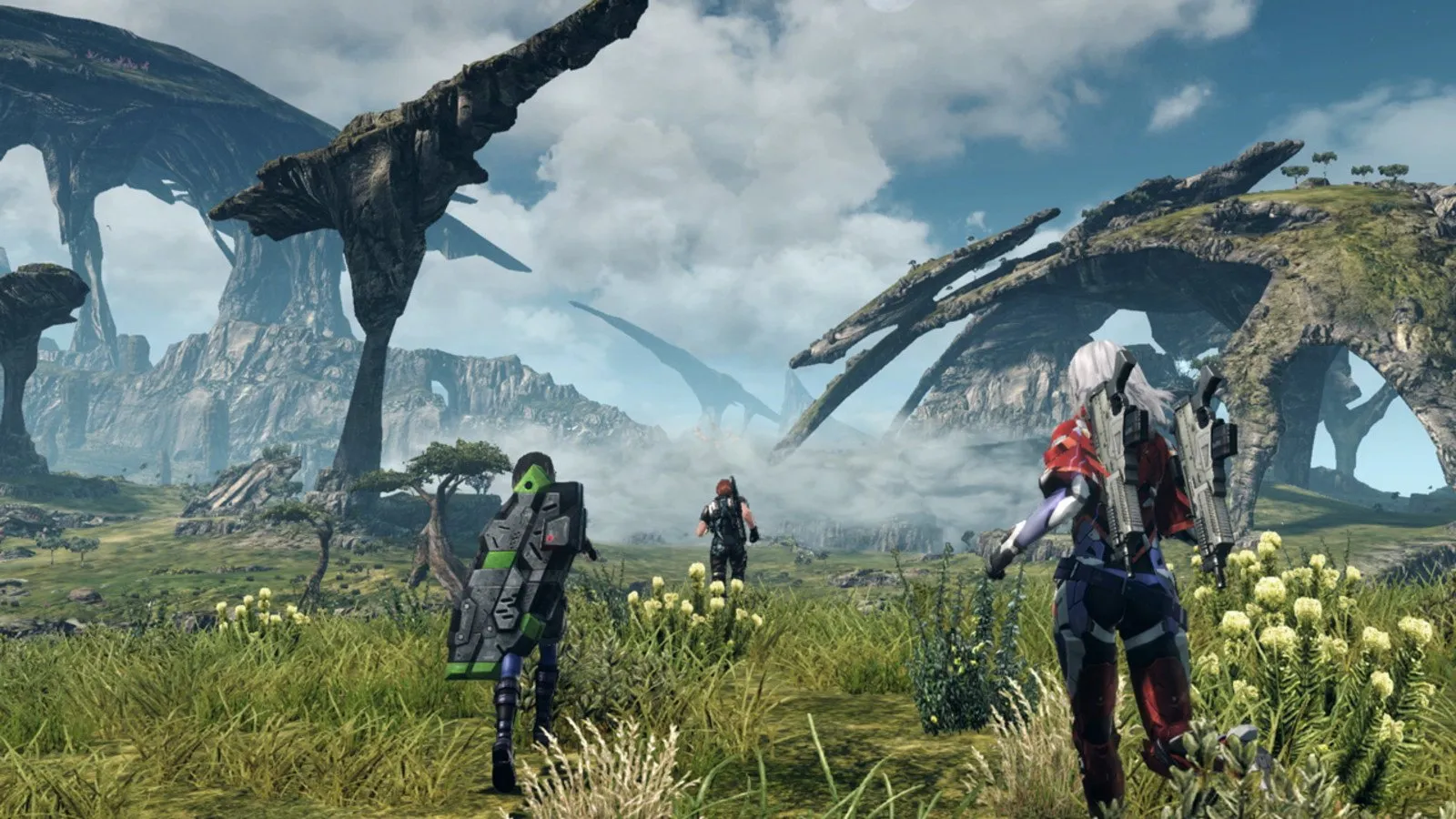 Un grupo de exploradores camina por una llanura de Mira con un skell al fondo en Xenoblade Chronicles X: Definitive Edition
