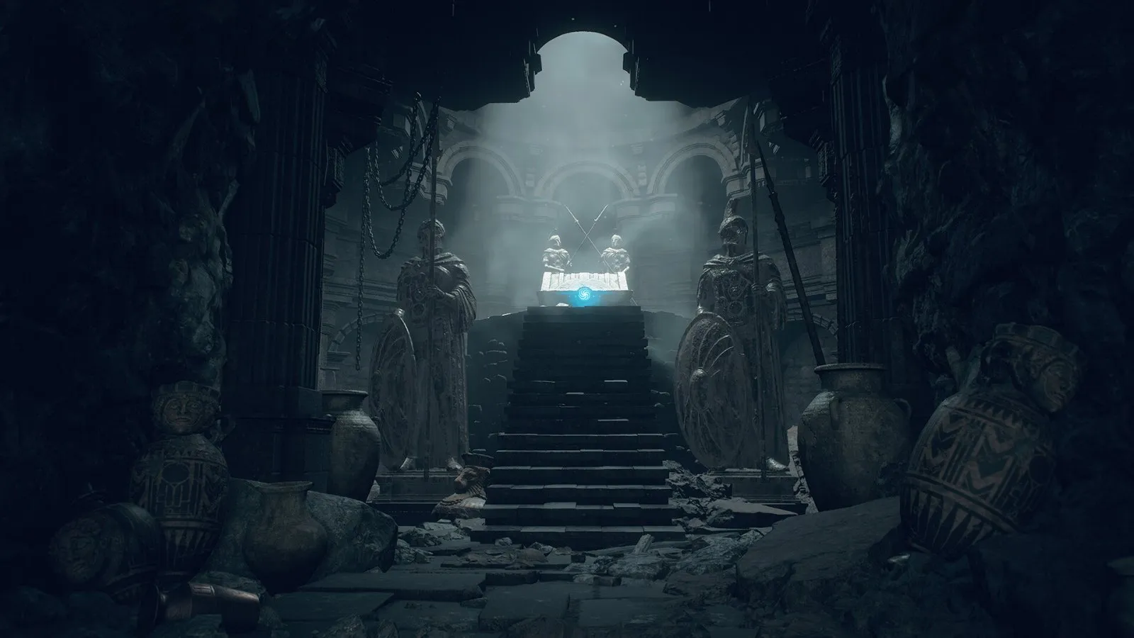 Unas escaleras de piedra conducen a la entrada iluminada de una mazmorra antigua en Dragon's Dogma 2: Dark Arisen