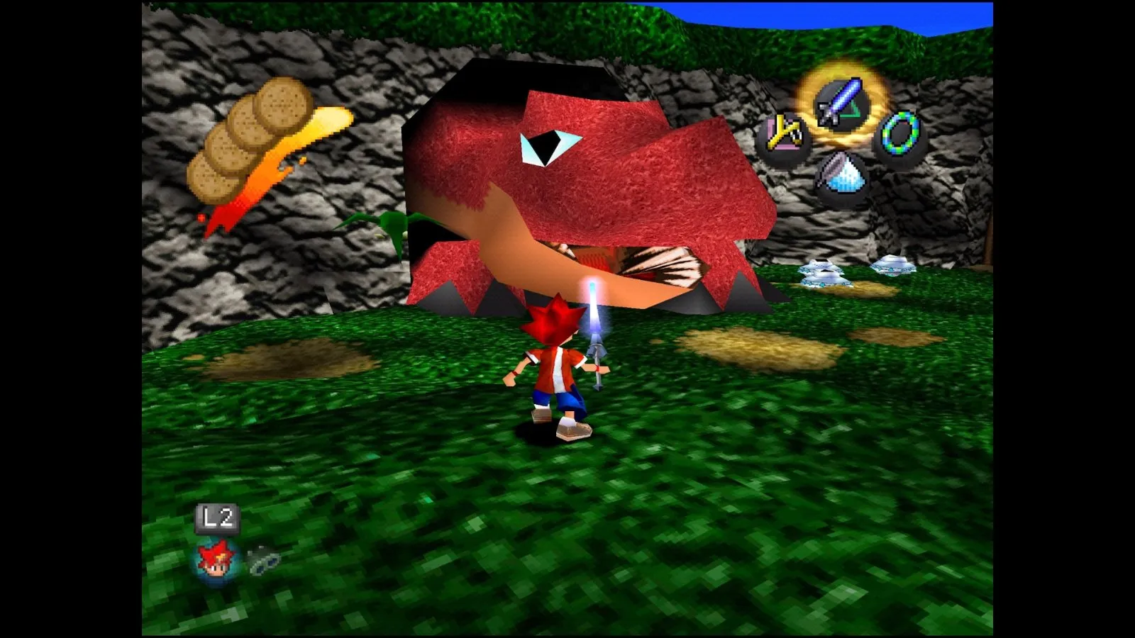 Spike persigue a un mono con la red en Ape Escape, el original de PS1