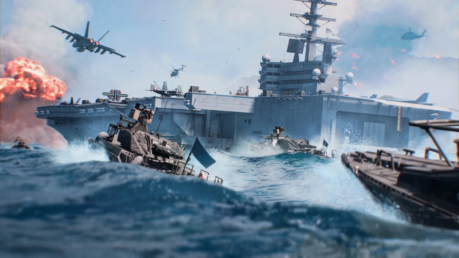Lanchas de desembarco junto a un portaaviones mientras un caza sobrevuela una explosión en Battlefield 6