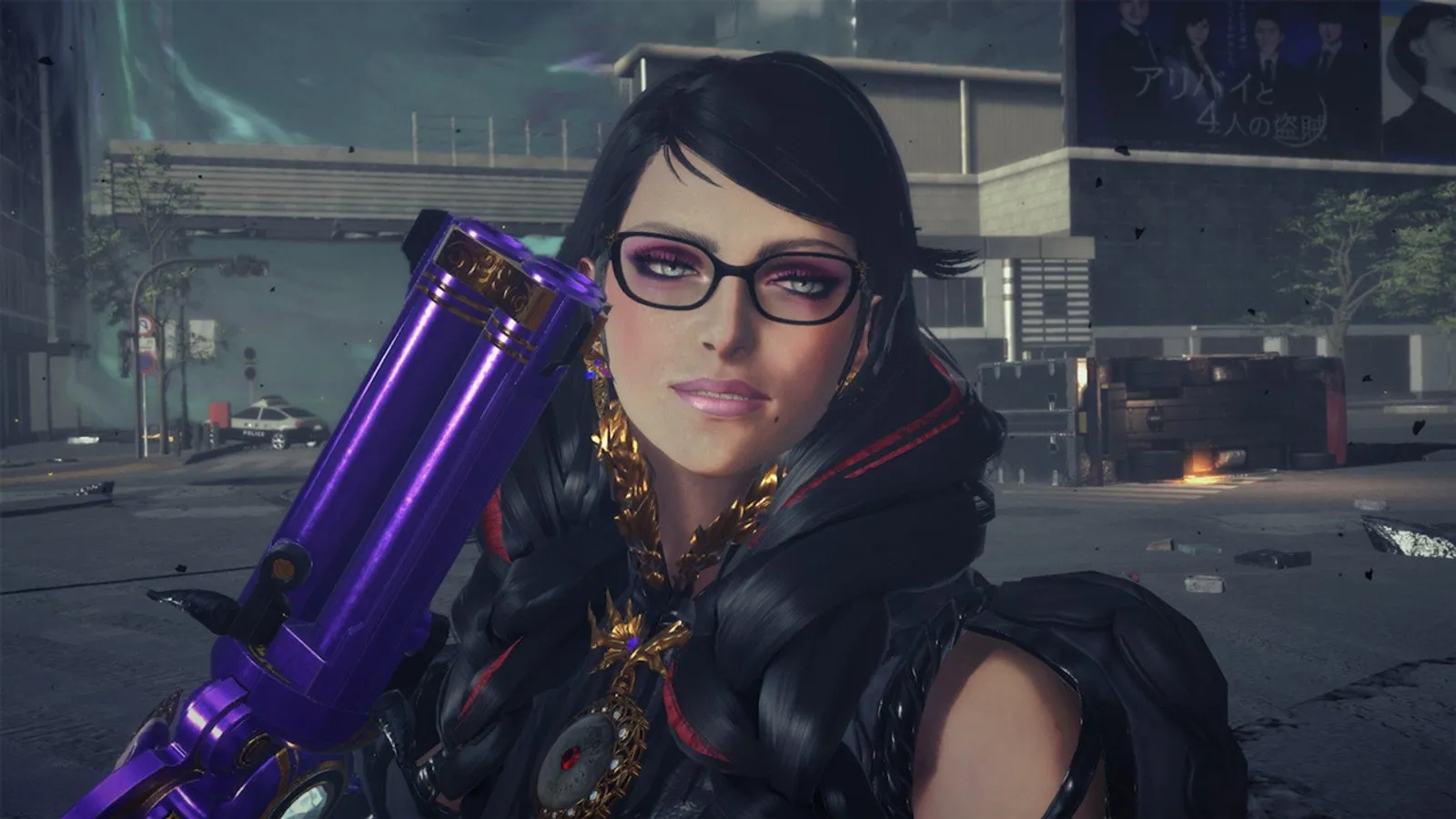 Bayonetta con sus gafas y una pistola morada al hombro en Bayonetta 3