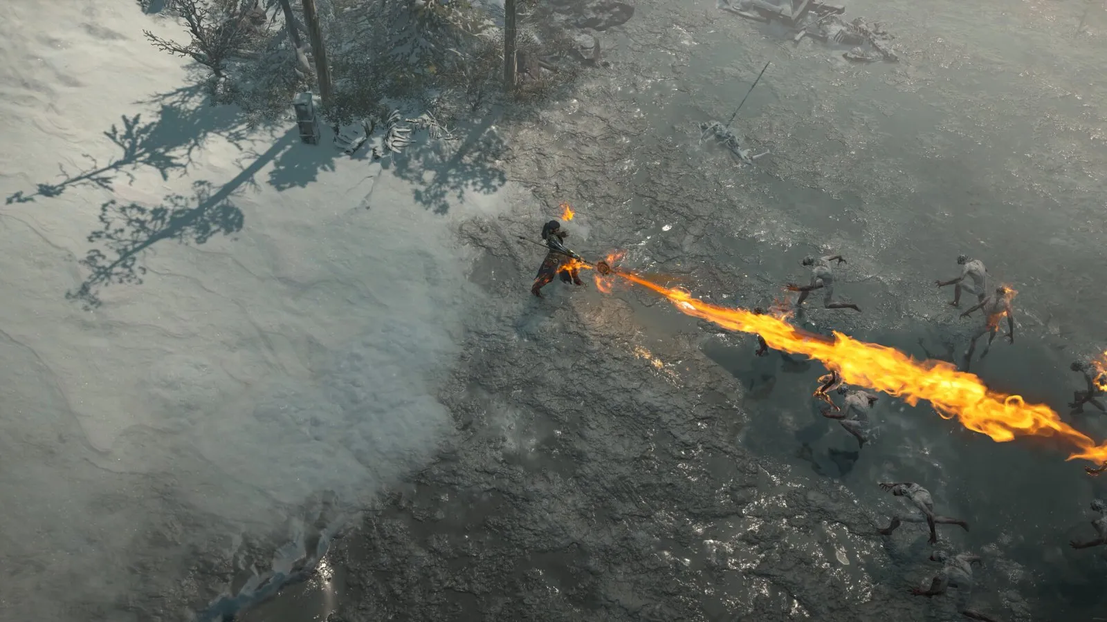 Un personaje lanza una llamarada contra enemigos en un bosque nevado en Diablo IV