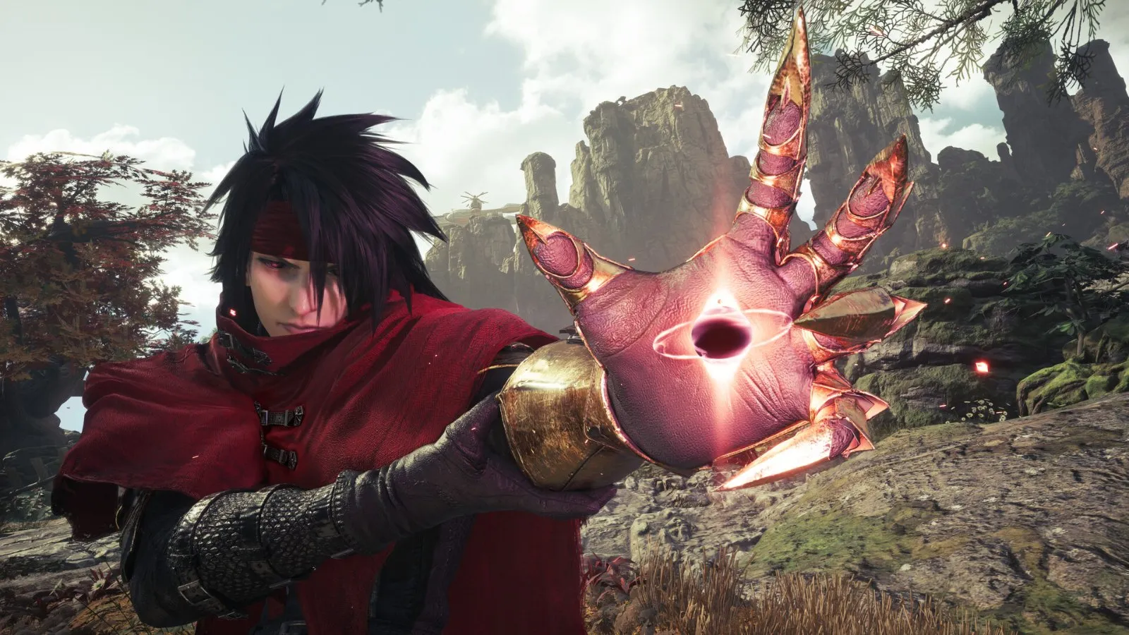 Vincent Valentine apunta con su garra dorada en Final Fantasy VII Revelation