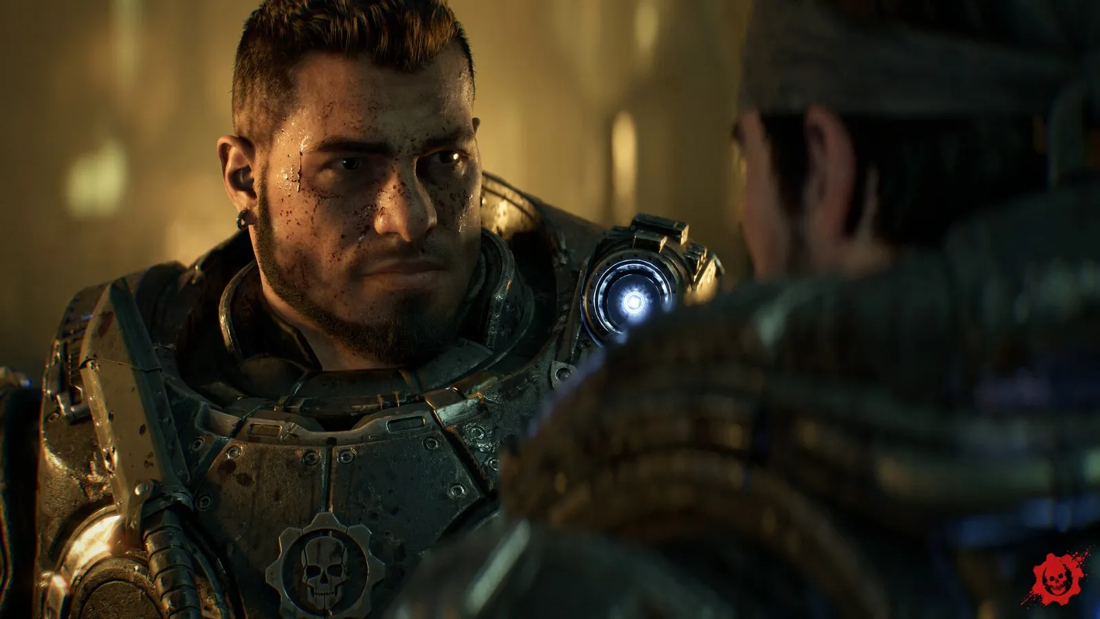 Primer plano de Marcus Fenix con otro soldado al fondo en Gears of War: E-Day