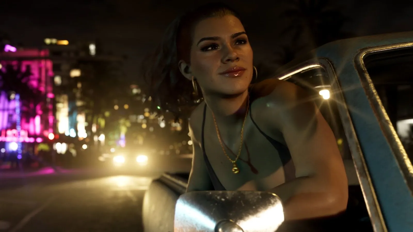 Lucia Caminos se asoma por la ventanilla de un coche de noche en Grand Theft Auto VI