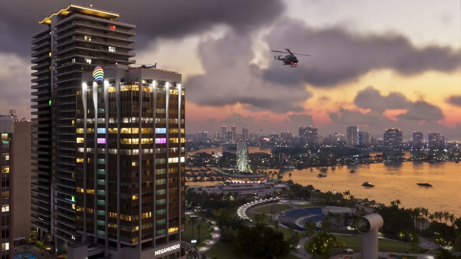 Vista aérea de Vice City al atardecer con un helicóptero en Grand Theft Auto VI